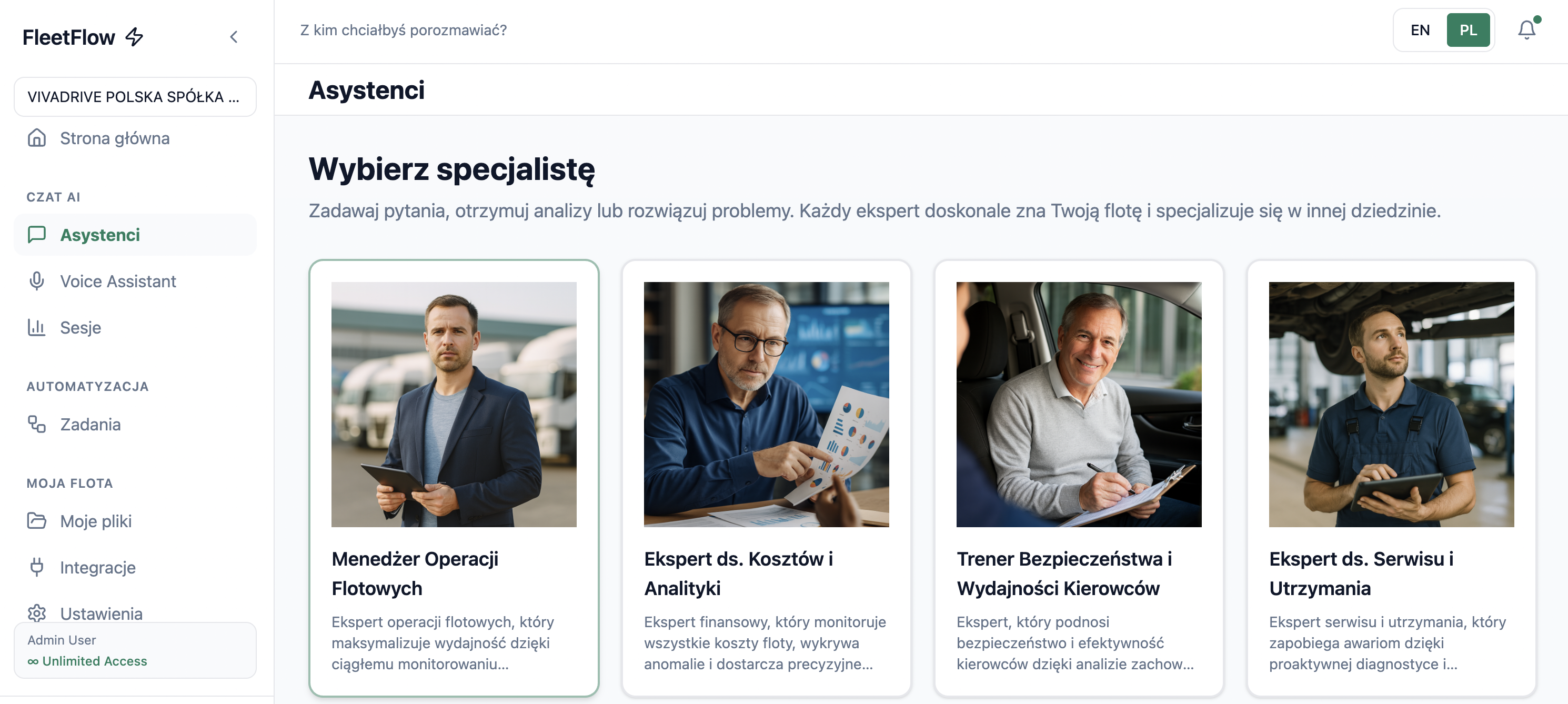 Panel FleetFlow AI - Interfejs monitoringu floty w czasie rzeczywistym z analityką predykcyjną, optymalizacją kosztów i automatycznym raportowaniem dla kompleksowego zarządzania flotą